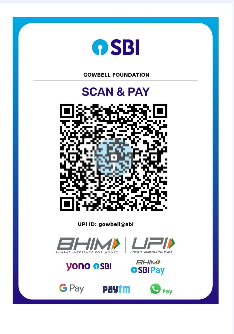 Gowbell Foundation SBI Scan and Pay QR Code - UPI ID gowbell@sbi
